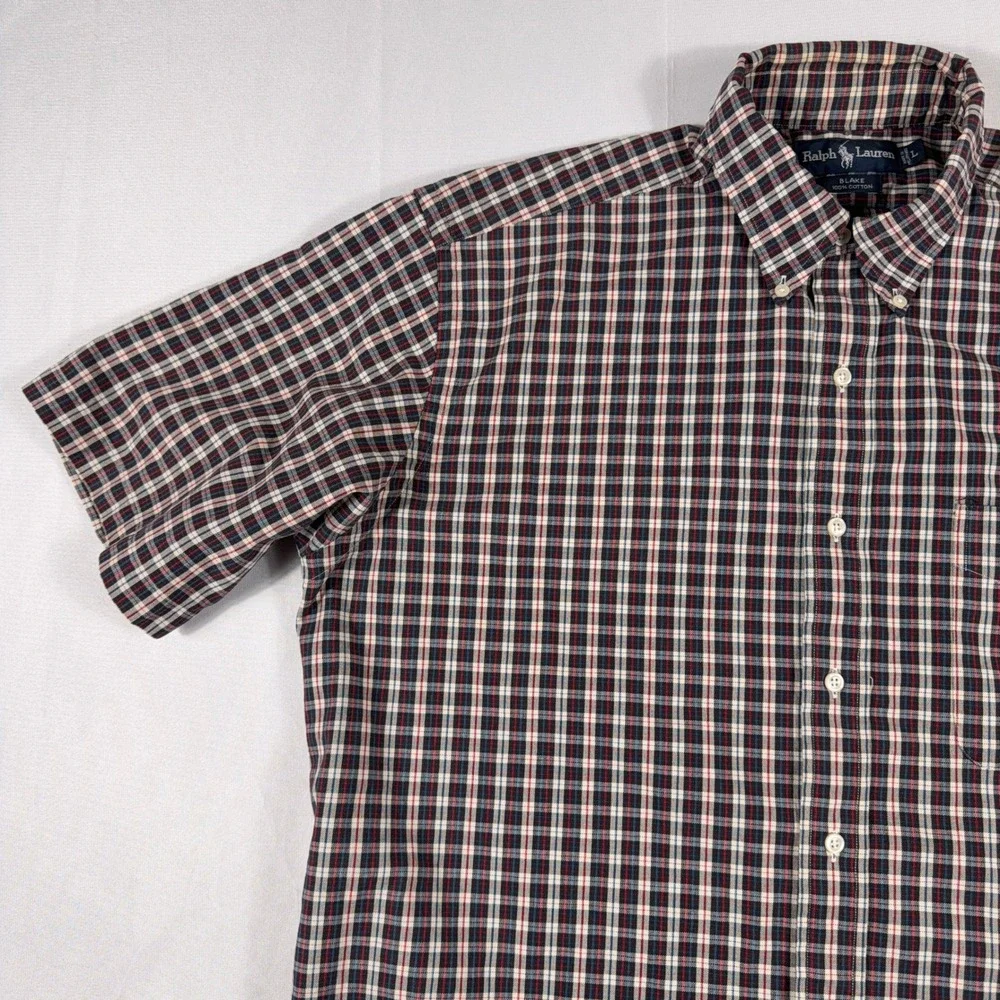 Ralph Lauren Blake Plaid‎ Button Down Short Sleeve Shirt Large Navy Red White